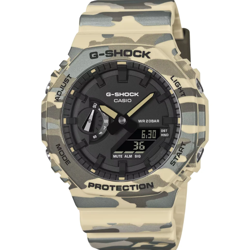 G-SHOCK aposta em camuflagem metálica e resina de milho em novo relógio da linha GA-2100CM