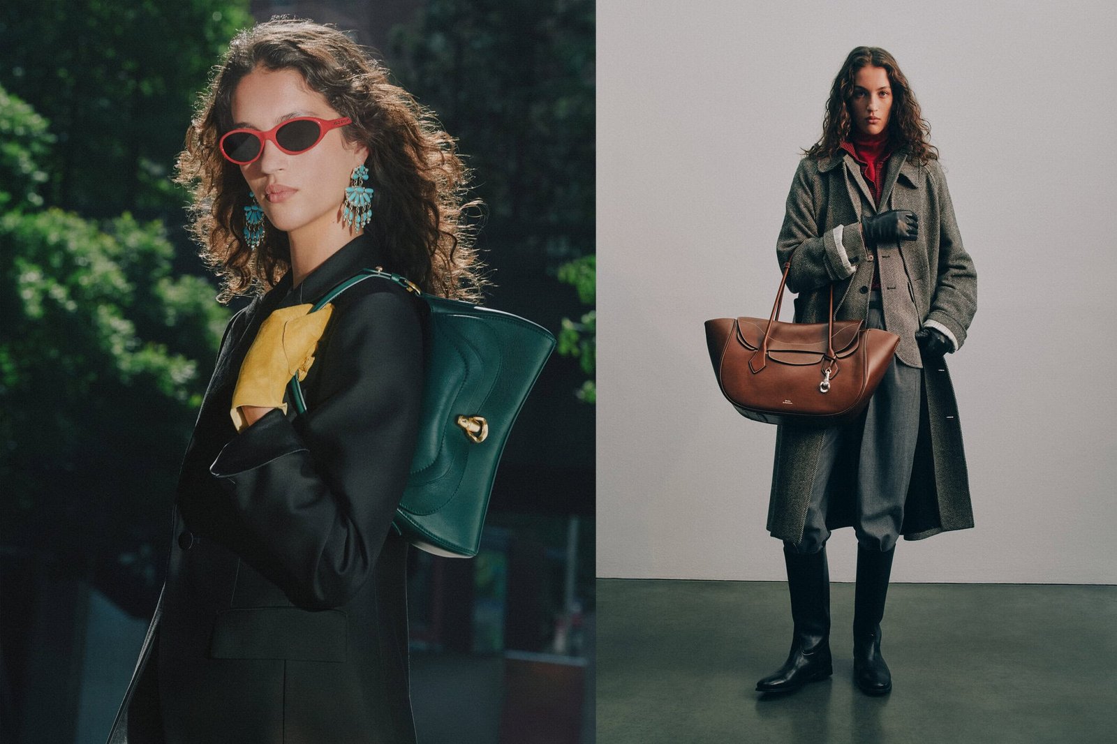 Duas imagens da bolsa Polo Blaze: em couro verde sob o braço com blazer preto e em couro marrom carregada com casaco de lã cinza