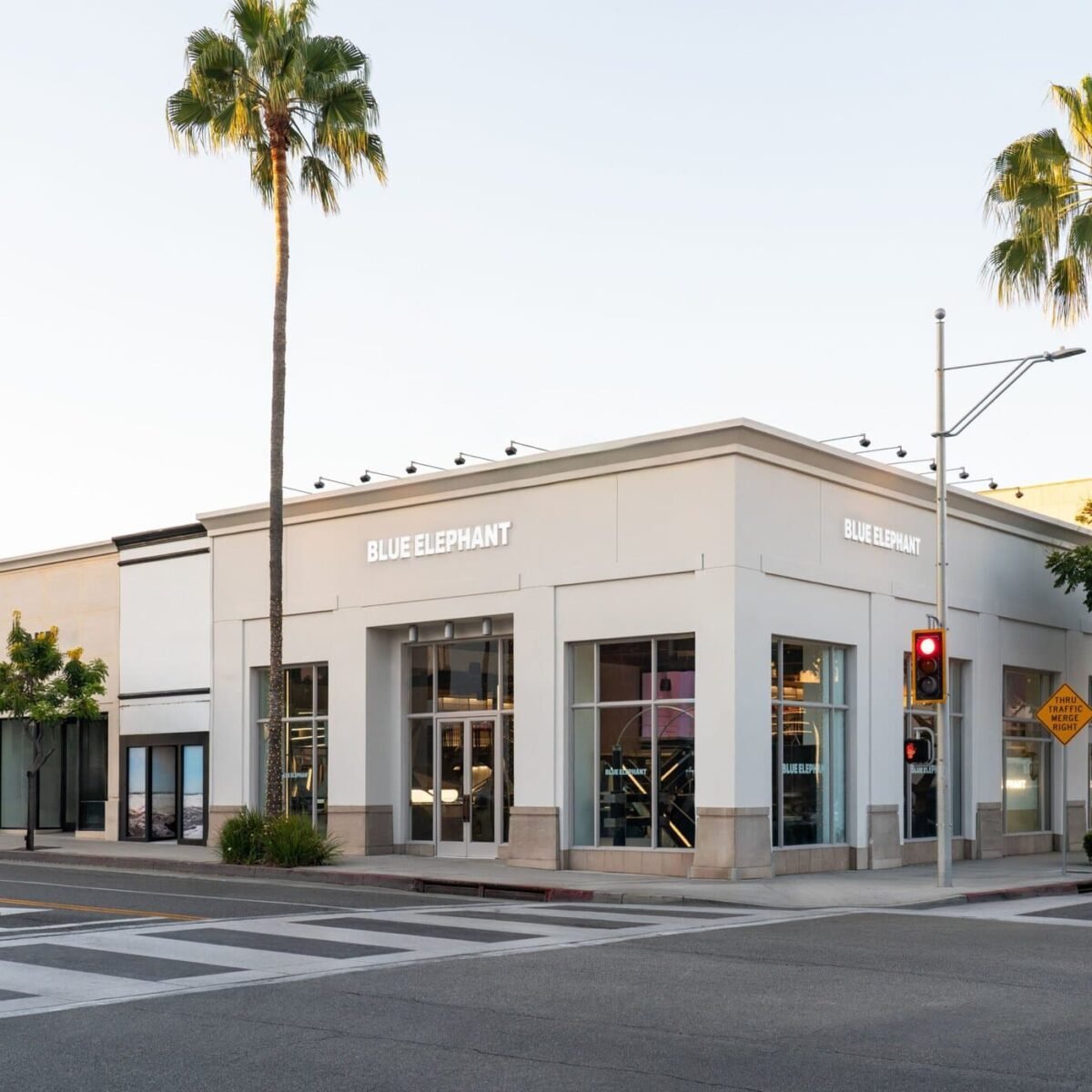 Fachada de esquina da loja Blue Elephant em Beverly Hills, com letreiro branco, vitrines de vidro e palmeiras na calçada