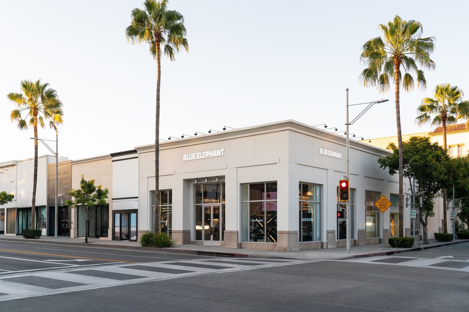 Fachada de esquina da loja Blue Elephant em Beverly Hills, com letreiro branco, vitrines de vidro e palmeiras na calçada