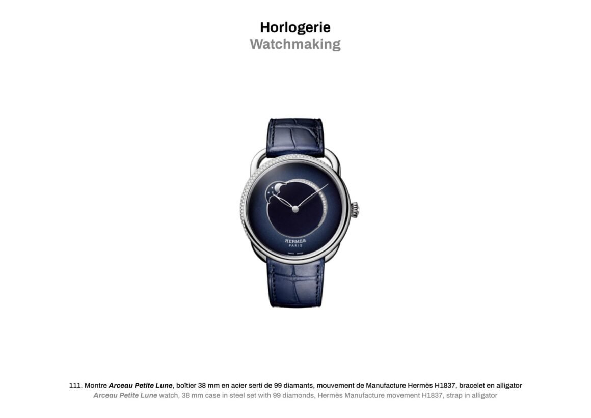 Relógio Hermès Arceau com mostrador azul, fase da lua, caixa de aço cravejada de diamantes e pulseira de couro azul