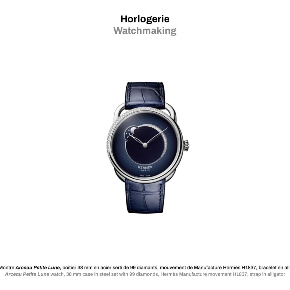 Relógio Hermès Arceau com mostrador azul, fase da lua, caixa de aço cravejada de diamantes e pulseira de couro azul