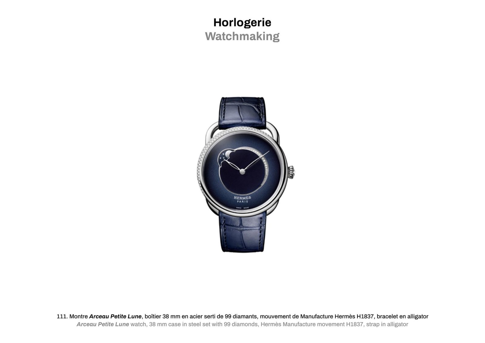 Relógio Hermès Arceau com mostrador azul, fase da lua, caixa de aço cravejada de diamantes e pulseira de couro azul