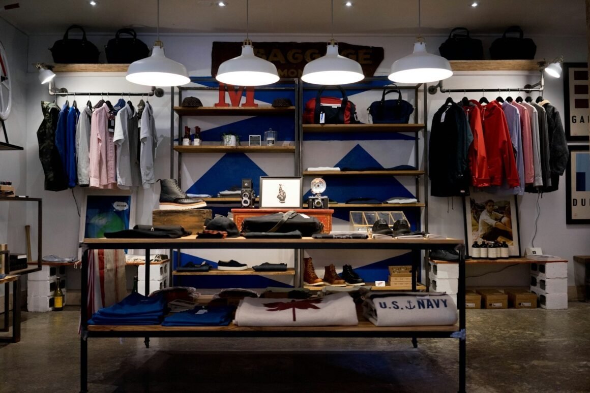 Interior de loja de moda com araras de roupas, prateleiras de madeira, bolsas e luminárias industriais