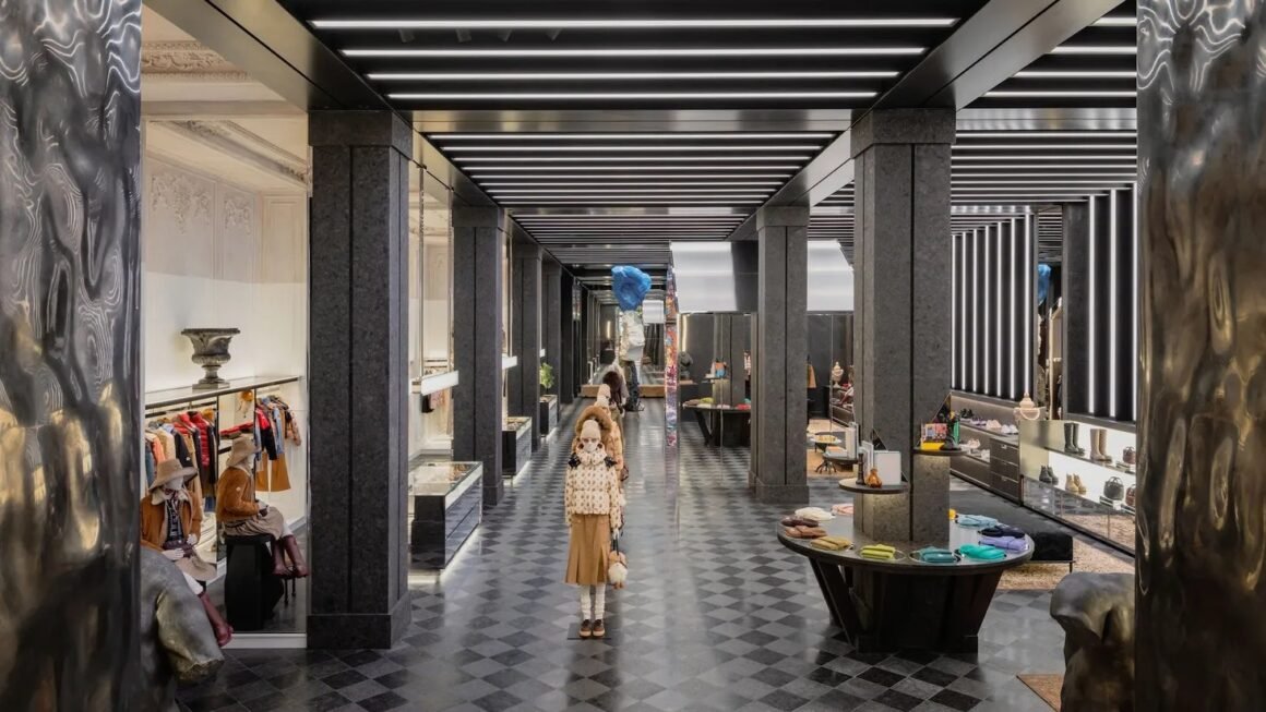 Interior da flagship com piso xadrez de mármore, colunas escuras, teto de luzes lineares e manequins com peças da coleção