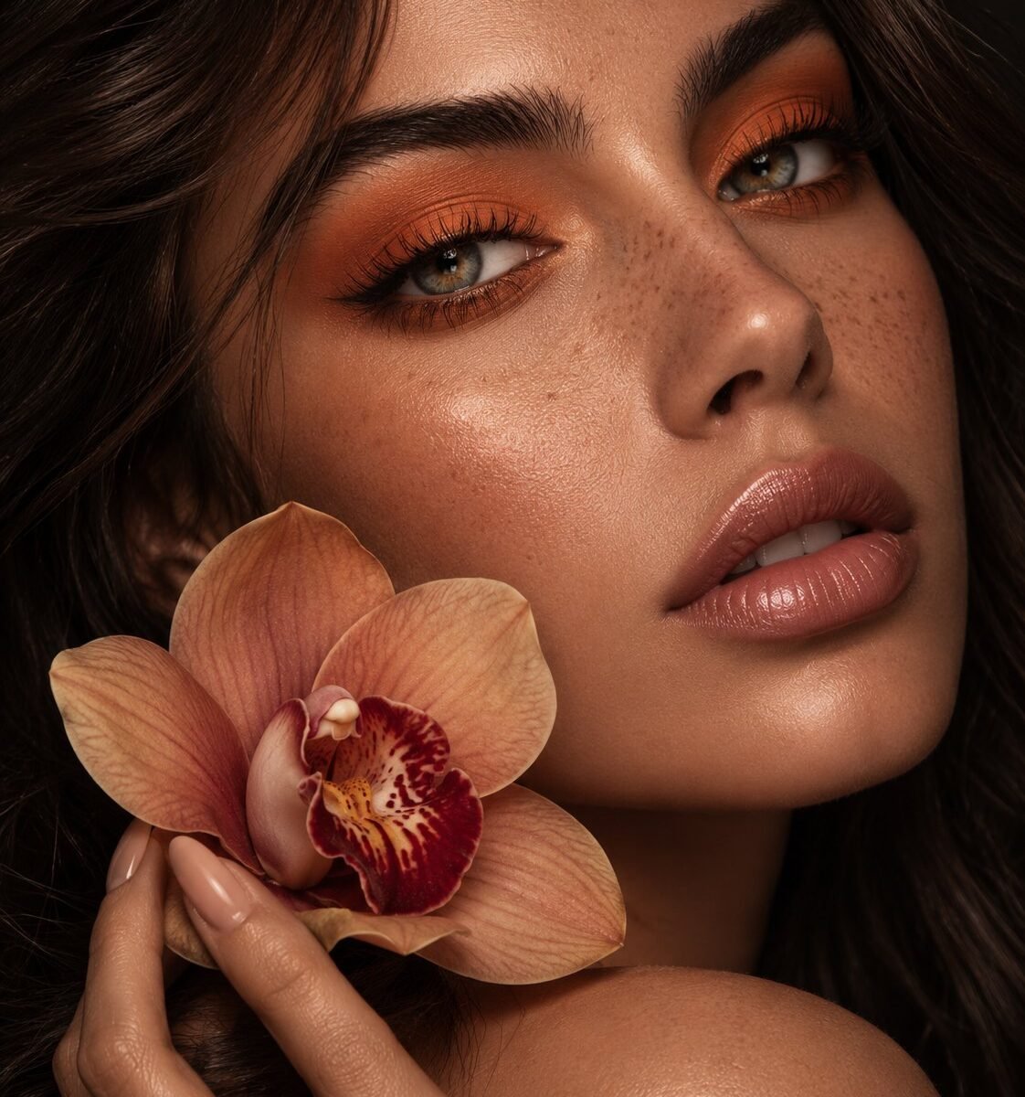 Retrato em close de mulher com maquiagem em tons de laranja nos olhos, batom nude e sardas, segurando uma orquídea junto ao rosto