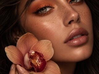Retrato em close de mulher com maquiagem em tons de laranja nos olhos, batom nude e sardas, segurando uma orquídea junto ao rosto