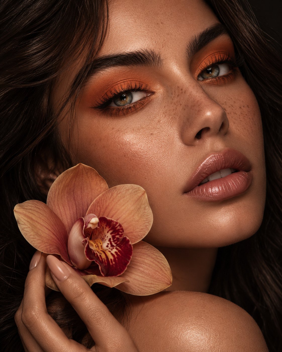 Retrato em close de mulher com maquiagem em tons de laranja nos olhos, batom nude e sardas, segurando uma orquídea junto ao rosto