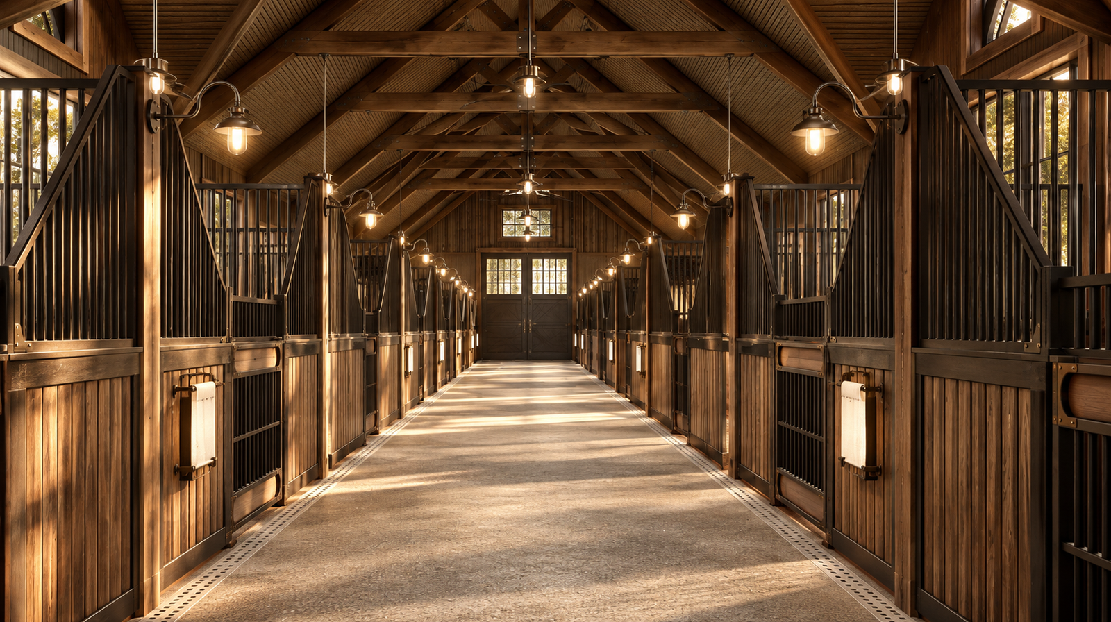 Cocheiras do Equestrian Center do Boa Vista Estates, com iluminação em madeira