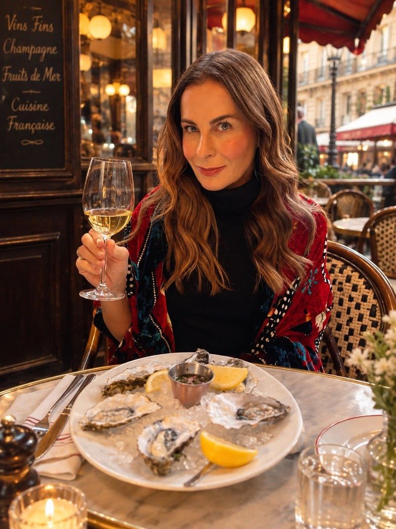 Mulher sentada em mesa de bistrô parisiense com taça de vinho branco e prato de ostras.