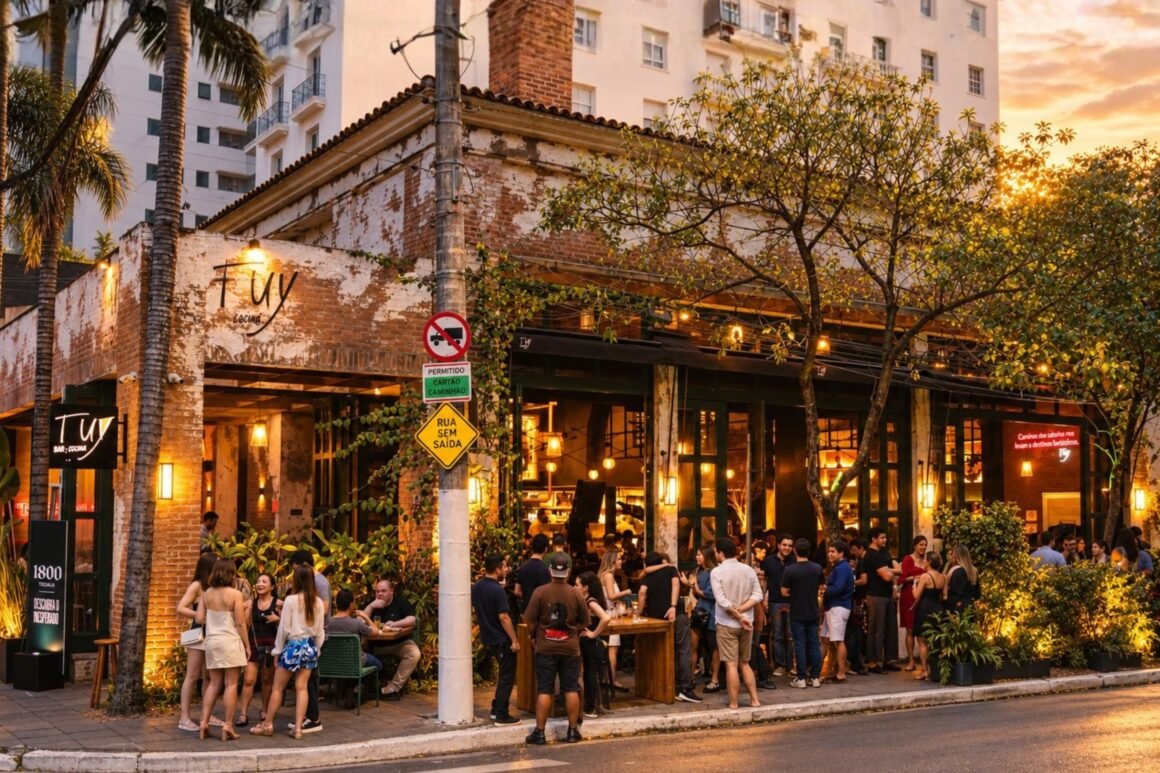Fachada do Tuy Bar, Cocina no Jardins ao entardecer, com clientes na calçada