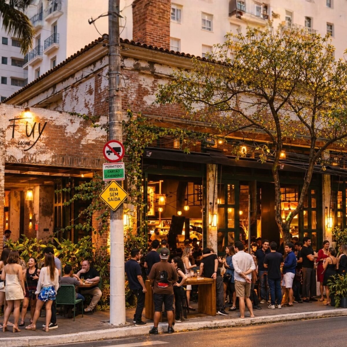Fachada do Tuy Bar, Cocina no Jardins ao entardecer, com clientes na calçada