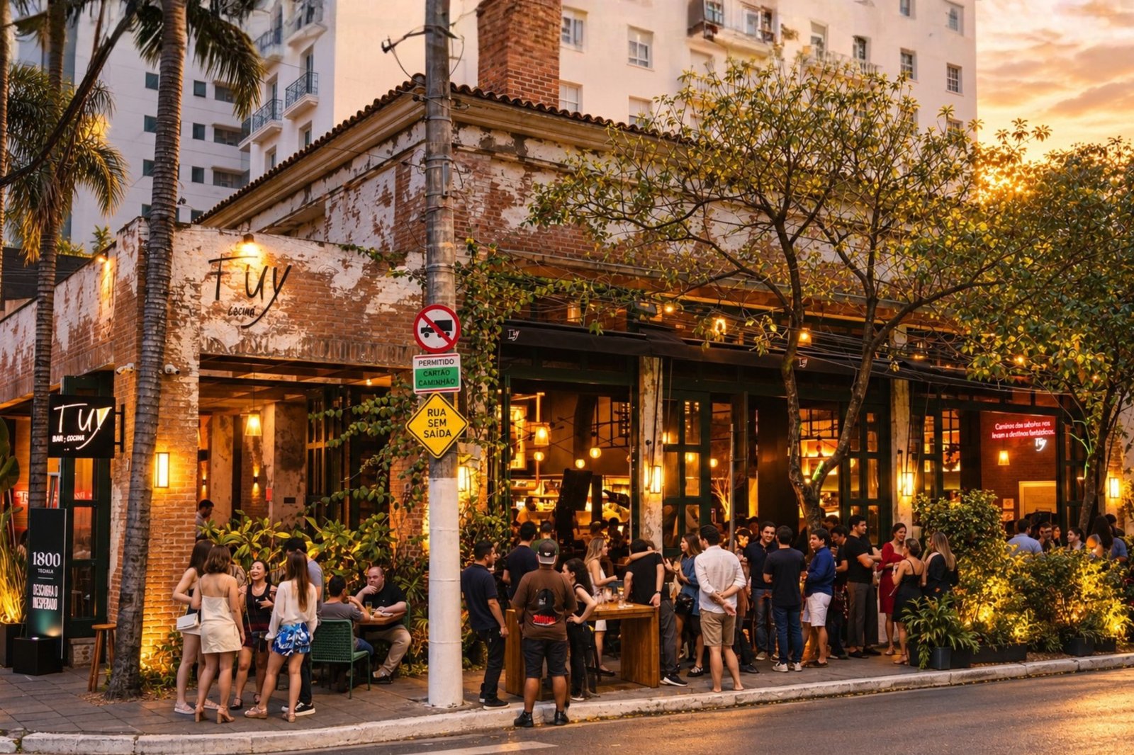 Fachada do Tuy Bar, Cocina no Jardins ao entardecer, com clientes na calçada