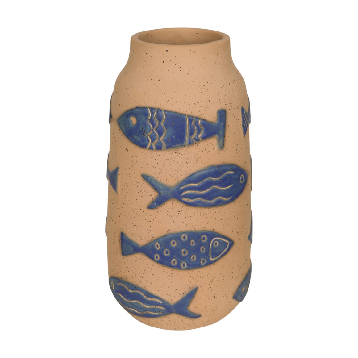 Vaso decorativo Purangy, da Tok&Stok, em argila crua com relevo.