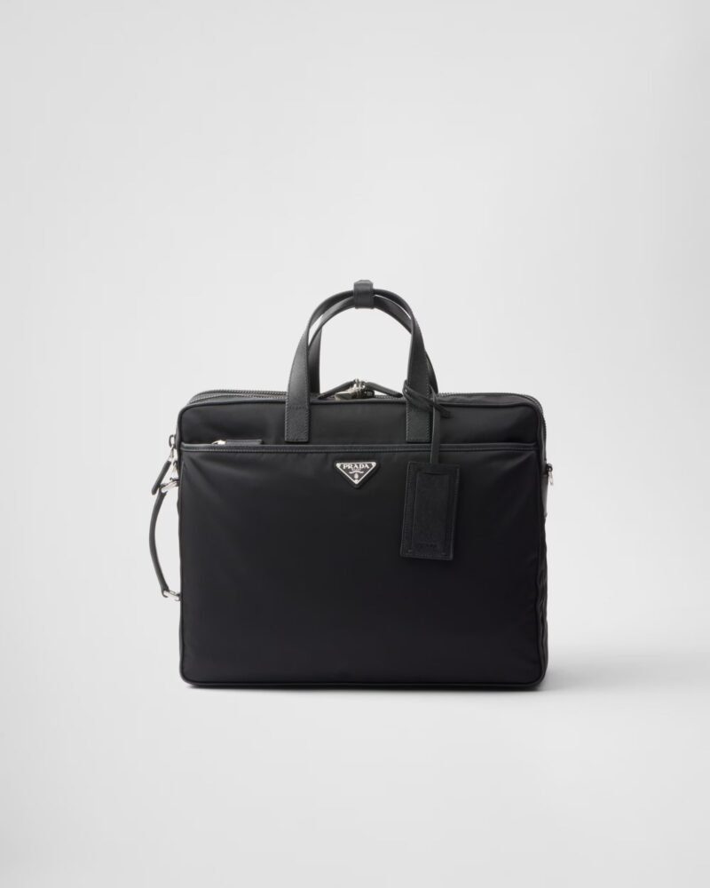 Pasta Prada em Re-Nylon preto com couro Saffiano