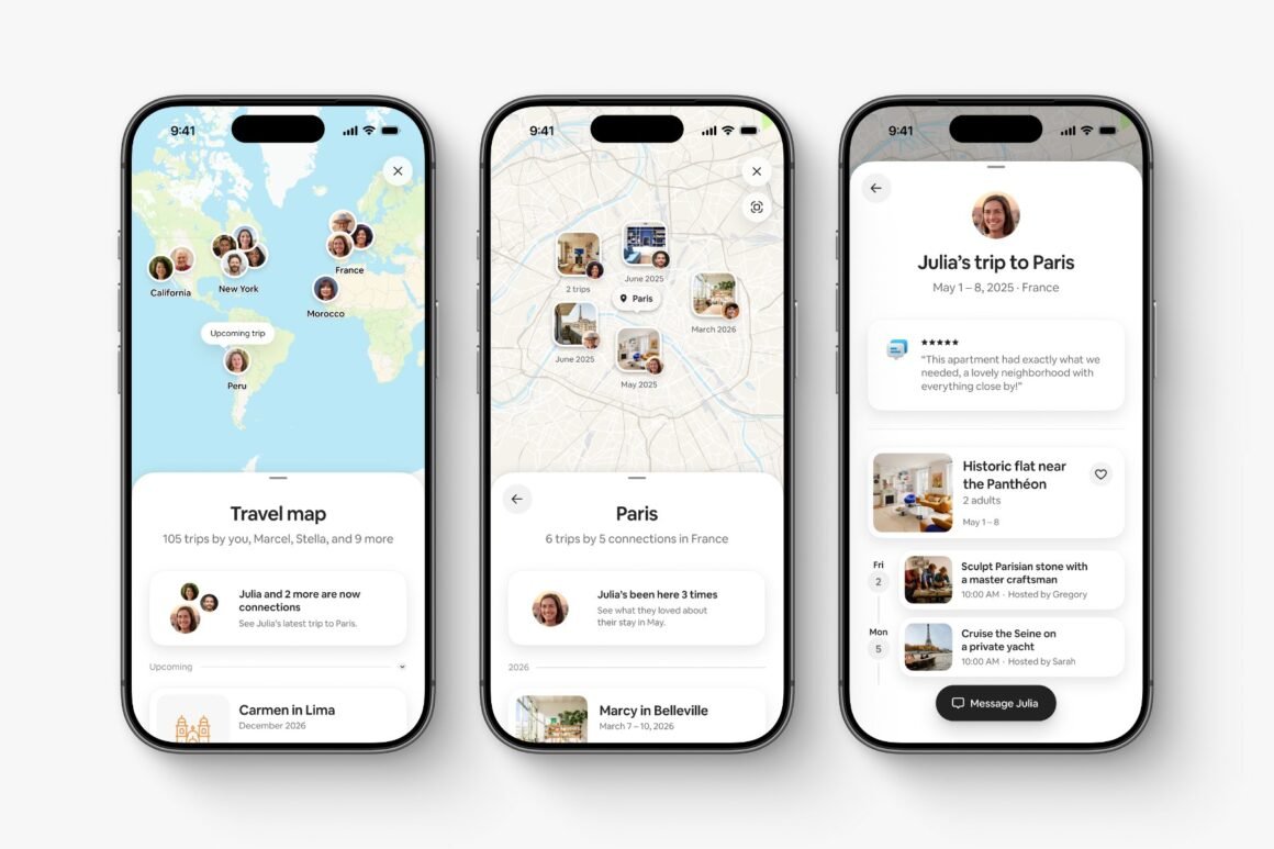 Telas do aplicativo do Airbnb com os novos recursos de planejamento de viagem