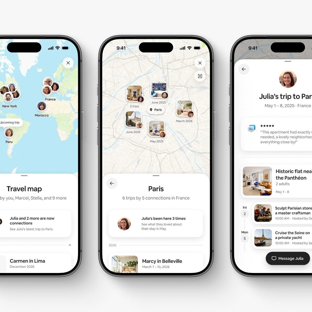 Telas do aplicativo do Airbnb com os novos recursos de planejamento de viagem