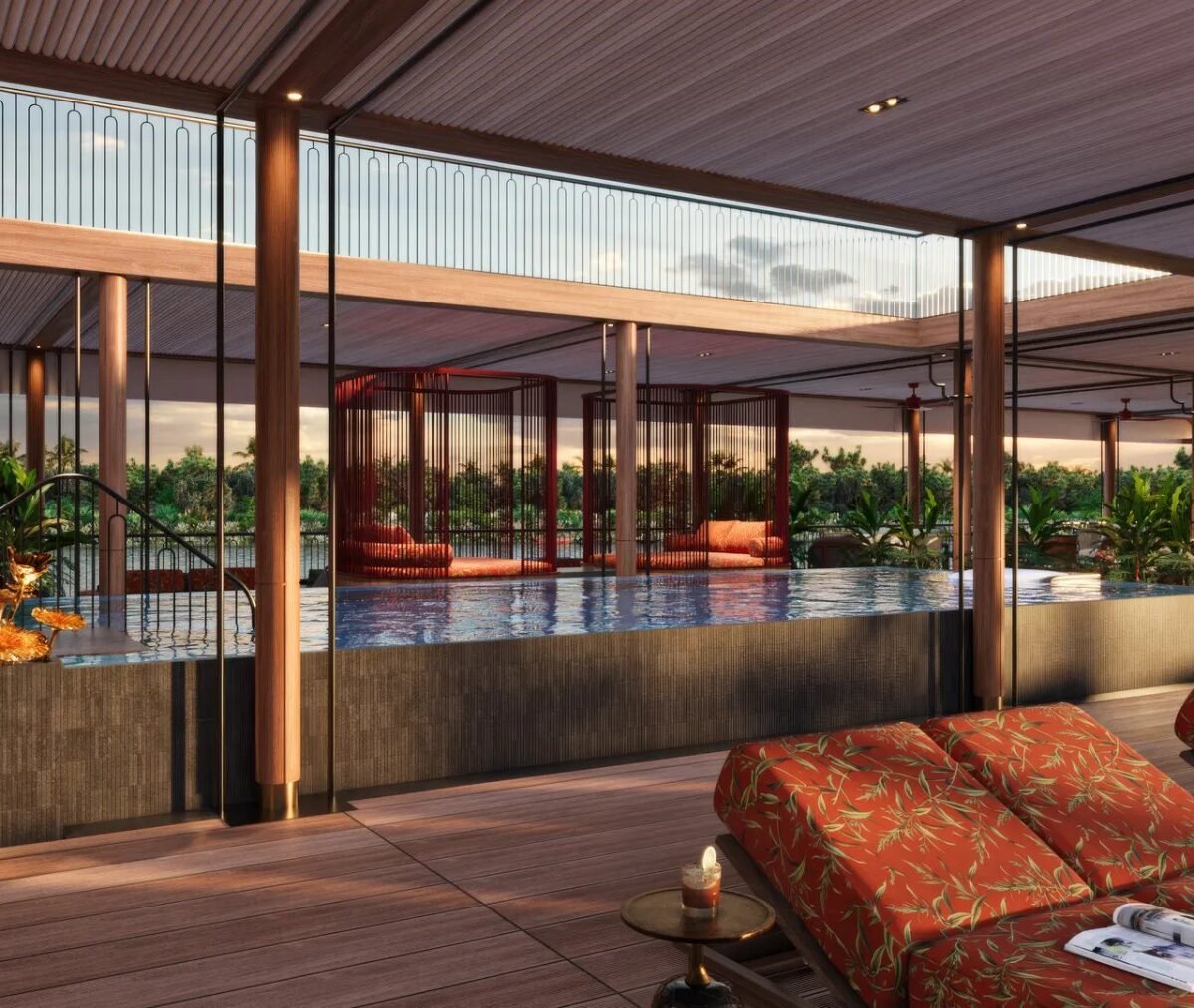 Área externa do navio AmaMaya, da AmaWaterways, com piscina e vista para o rio