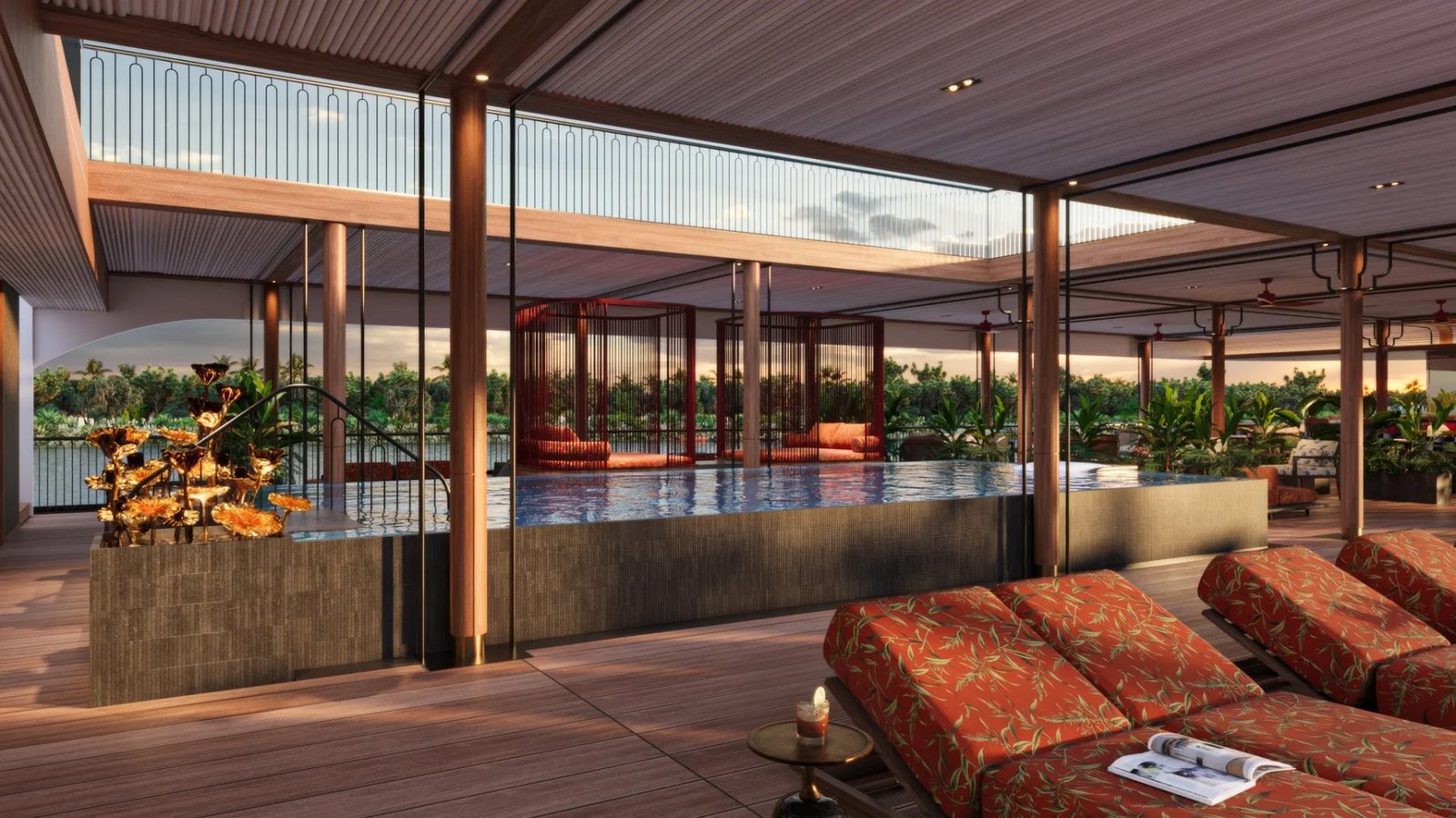 Área externa do navio AmaMaya, da AmaWaterways, com piscina e vista para o rio