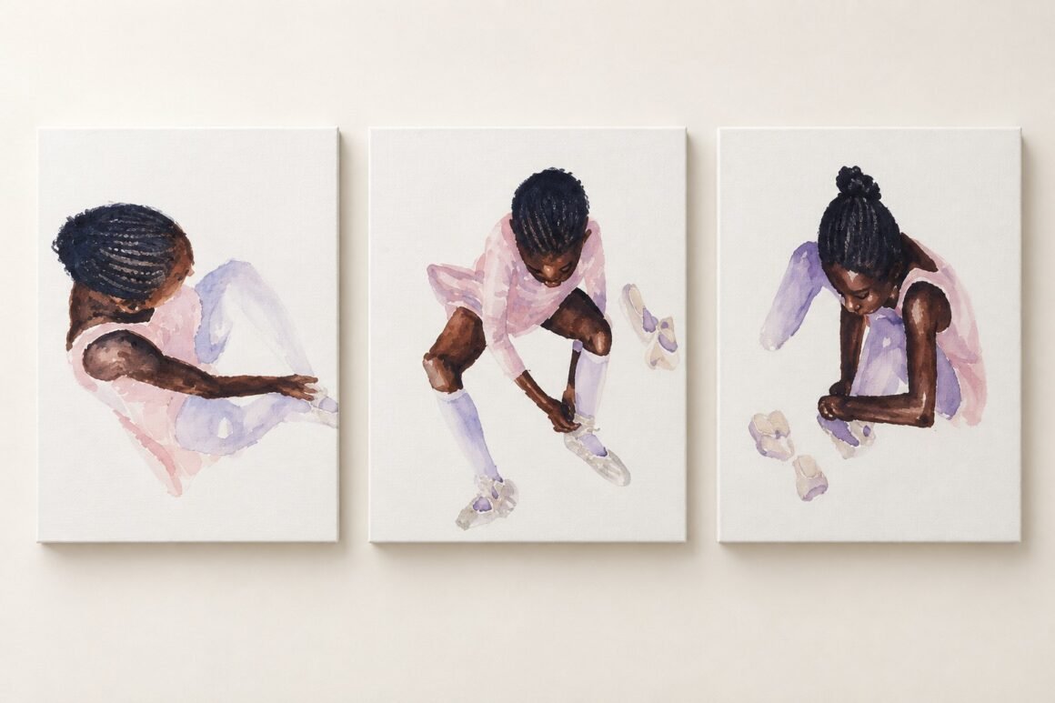 Tríptico em aquarela com meninas bailarinas calçando sapatilhas, obra de Marco Aurélio Camargo, o MAQ.