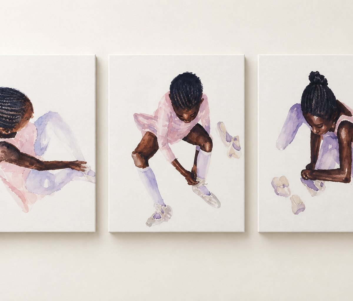 Tríptico em aquarela com meninas bailarinas calçando sapatilhas, obra de Marco Aurélio Camargo, o MAQ.