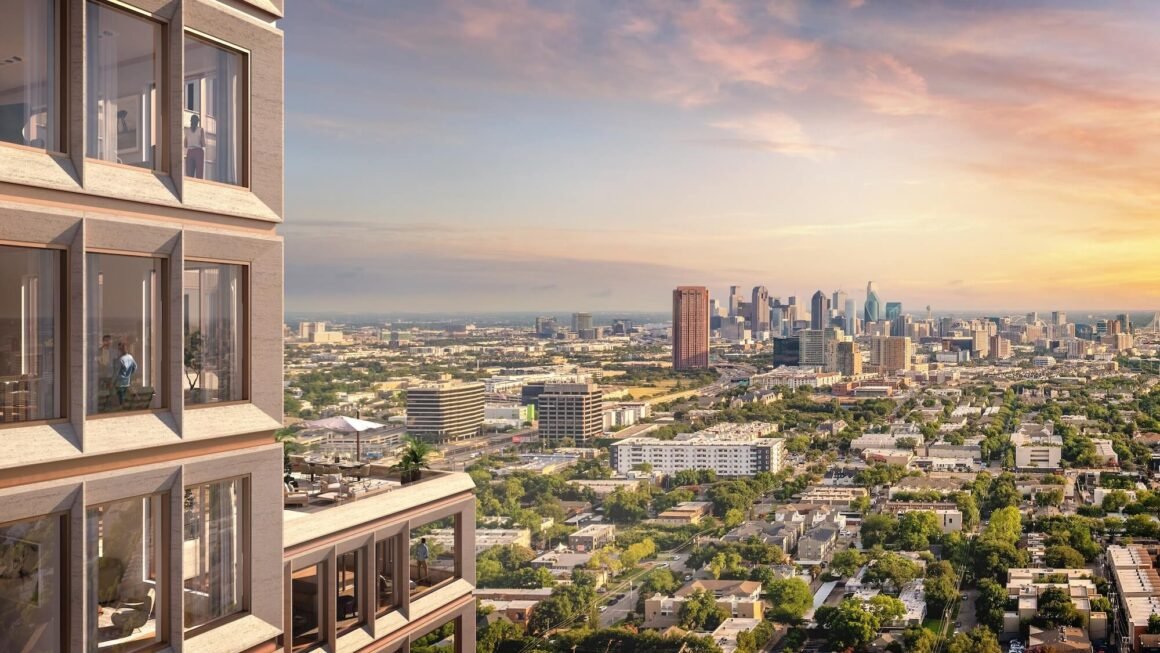 Renderização do The Knox, hotel da Auberge Collection em Dallas, com terraço e vista para o skyline ao pôr do sol