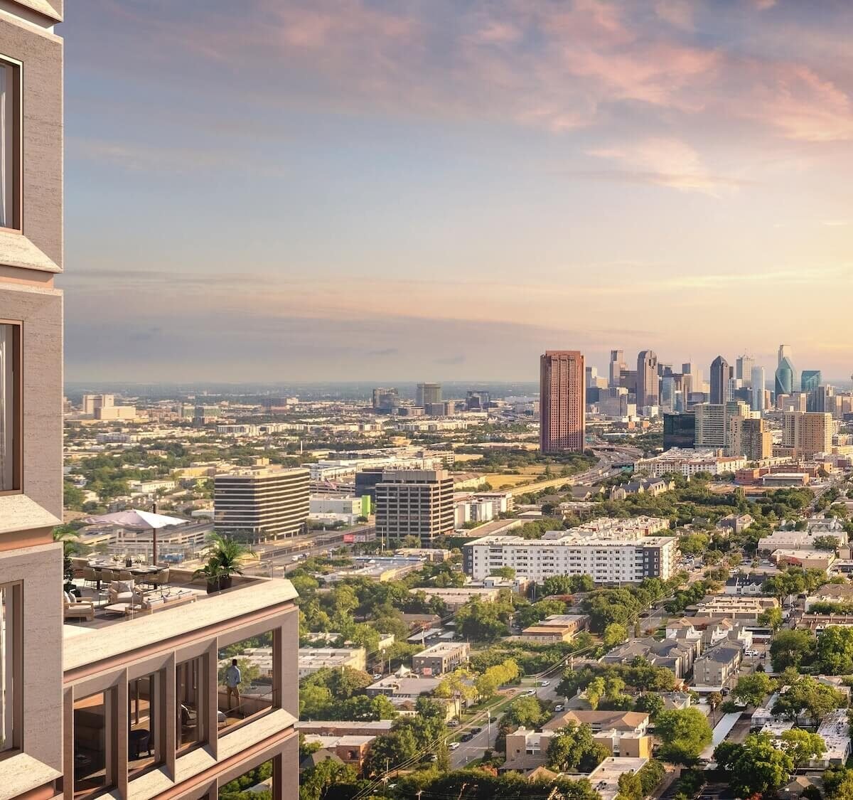 Renderização do The Knox, hotel da Auberge Collection em Dallas, com terraço e vista para o skyline ao pôr do sol