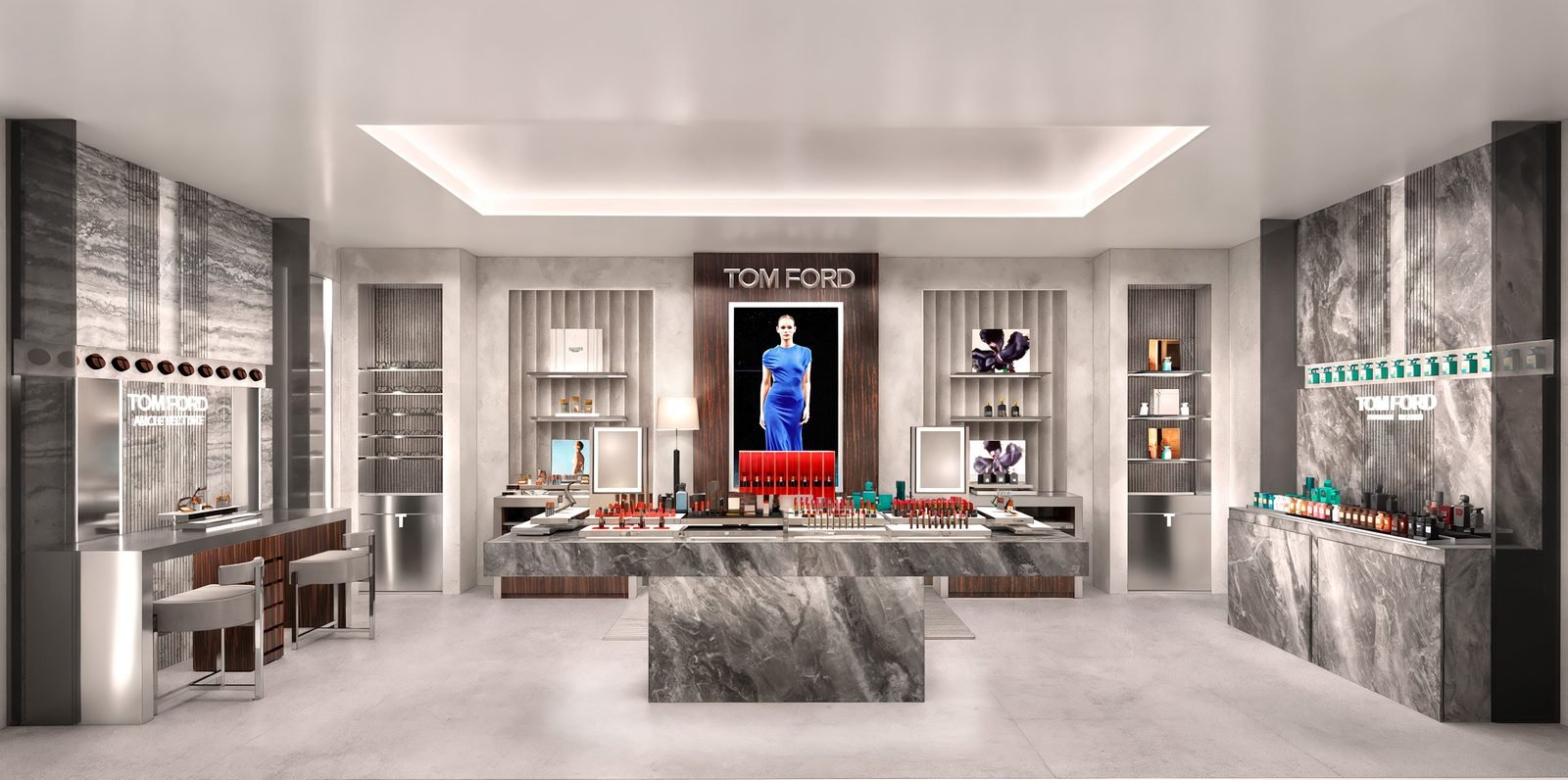 Projeção do interior da flagship Tom Ford Beauty, com balcão central de mármore cinza, painel de madeira escura e displays de maquiagem e fragrâncias
