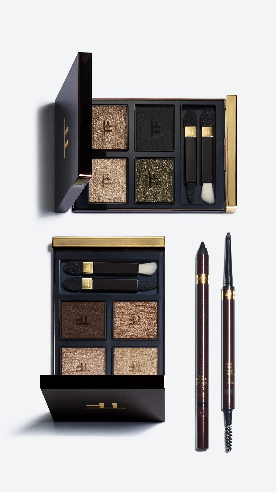 Paletas de sombras Eye Color Quad, delineador e lápis de sobrancelha da Tom Ford Beauty em embalagens marrom e dourado
