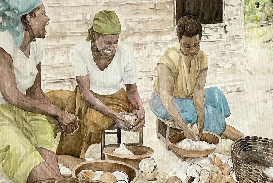 Pintura em aquarela Ralando Coco, de Li Monteiro, com três mulheres sentadas ralando coco em bacias