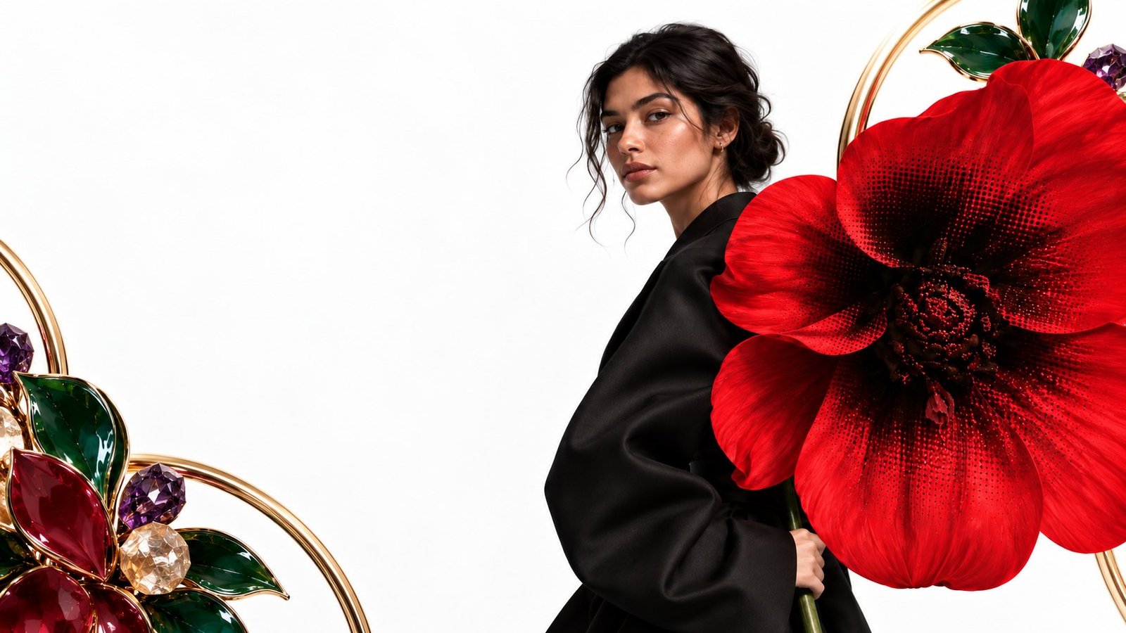 Mulher de terno preto ao lado de uma papoula vermelha gigante e flores de cristal, sobre fundo branco