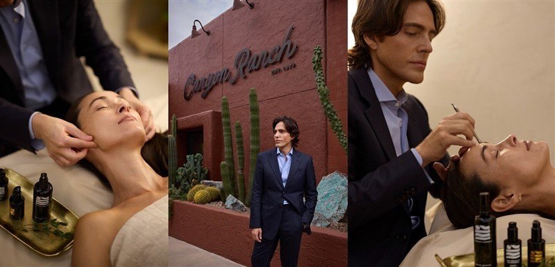 Imagem de divulgação da parceria entre Canyon Ranch e Iván Pol, com tratamentos faciais e o facialista diante da fachada do Canyon Ranch