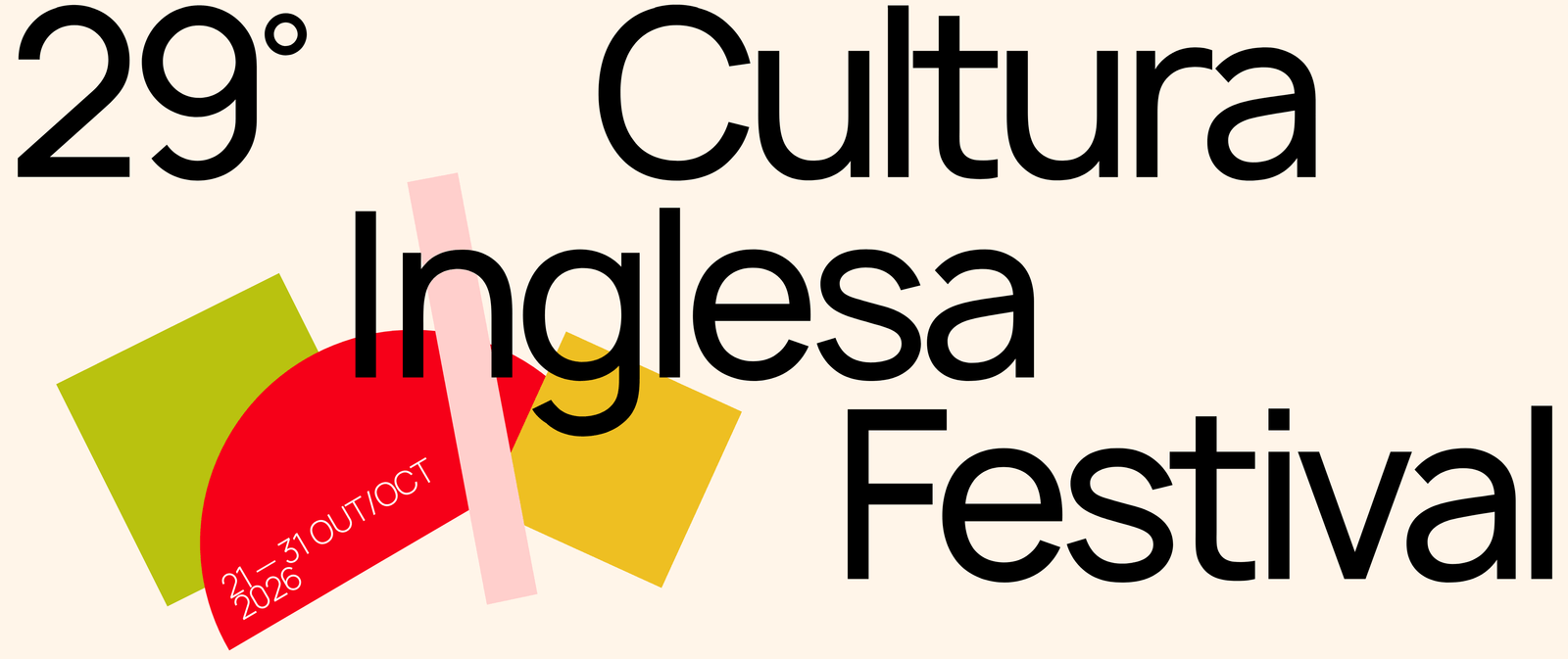 Identidade visual do 29º Cultura Inglesa Festival, com o nome do festival em letras pretas e formas geométricas em verde, vermelho, amarelo e rosa sobre fundo creme