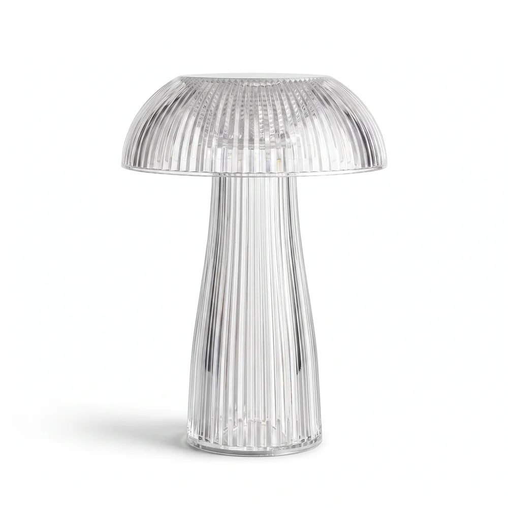 Luminária de acrílico canelado transparente em formato de cogumelo, da linha LED Home Style da Camicado