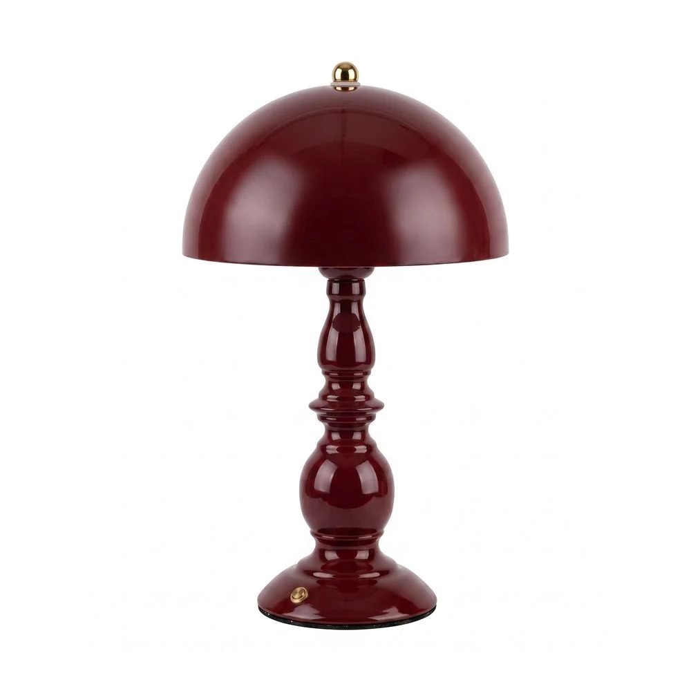 Luminária de mesa com cúpula vinho brilhante, haste torneada e detalhe dourado, da linha LED Home Style da Camicado