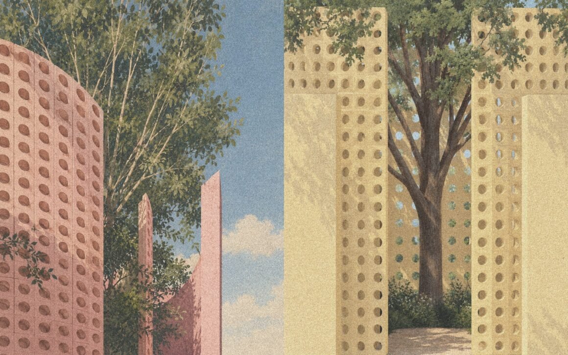 Ilustração da instalação Three Gardens and a Room, de NAO Architects, com paredes vazadas rosa e amarelas entre árvores