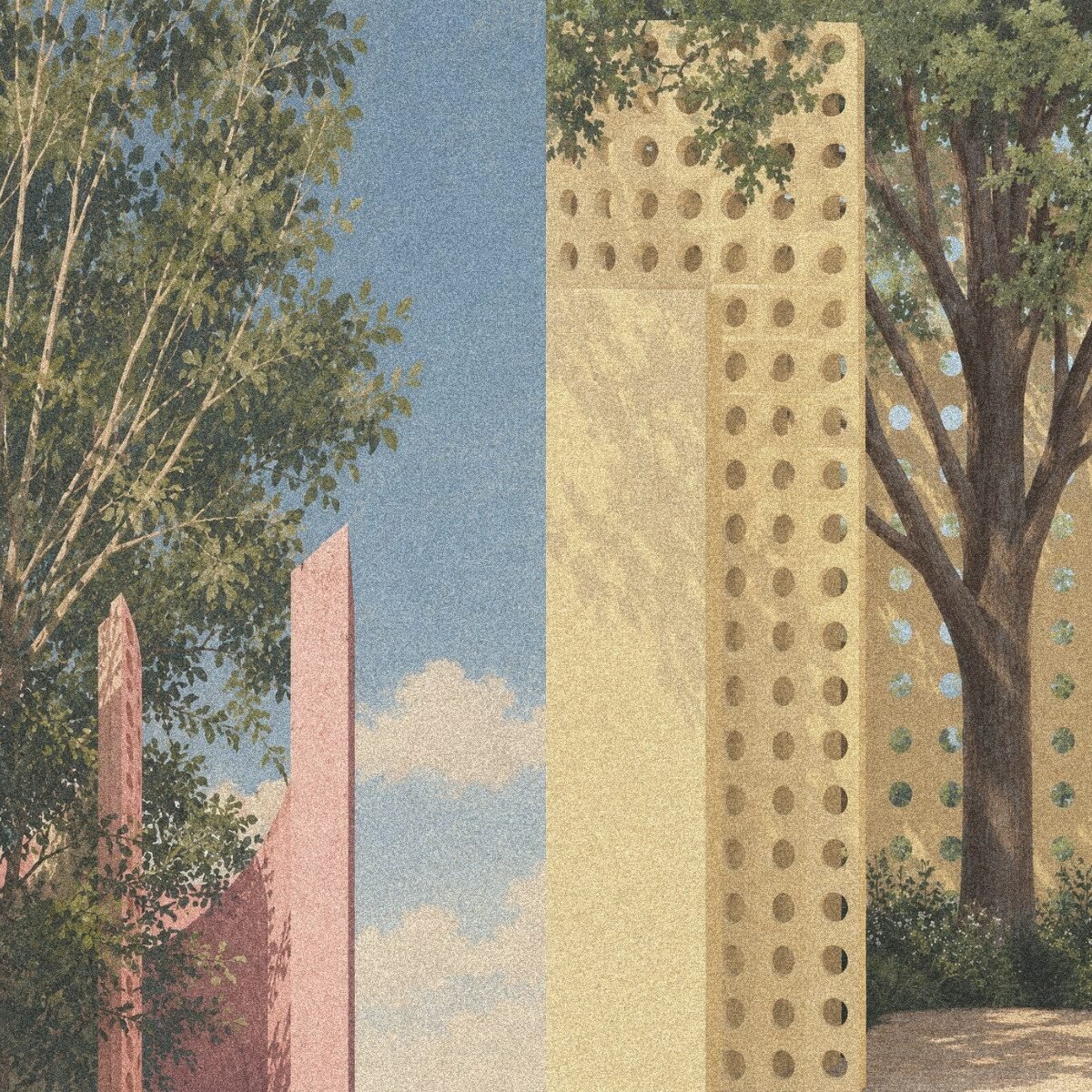 Ilustração da instalação Three Gardens and a Room, de NAO Architects, com paredes vazadas rosa e amarelas entre árvores