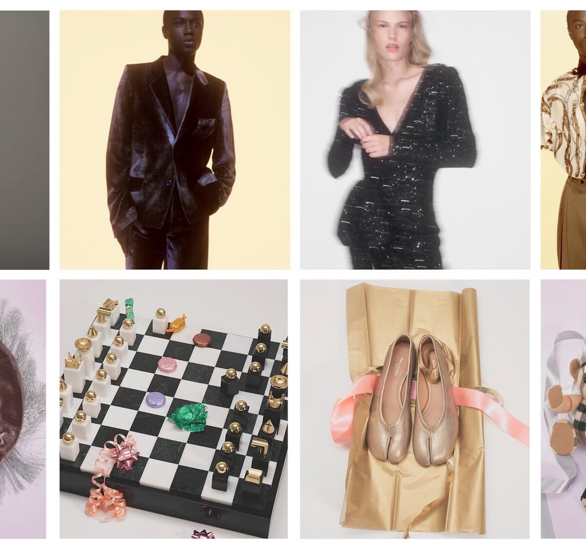 Mosaico da campanha de Natal 2026 da Farfetch com looks metalizados e de veludo, bolsa de couro, tabuleiro de xadrez, sapatilhas Tabi e urso xadrez