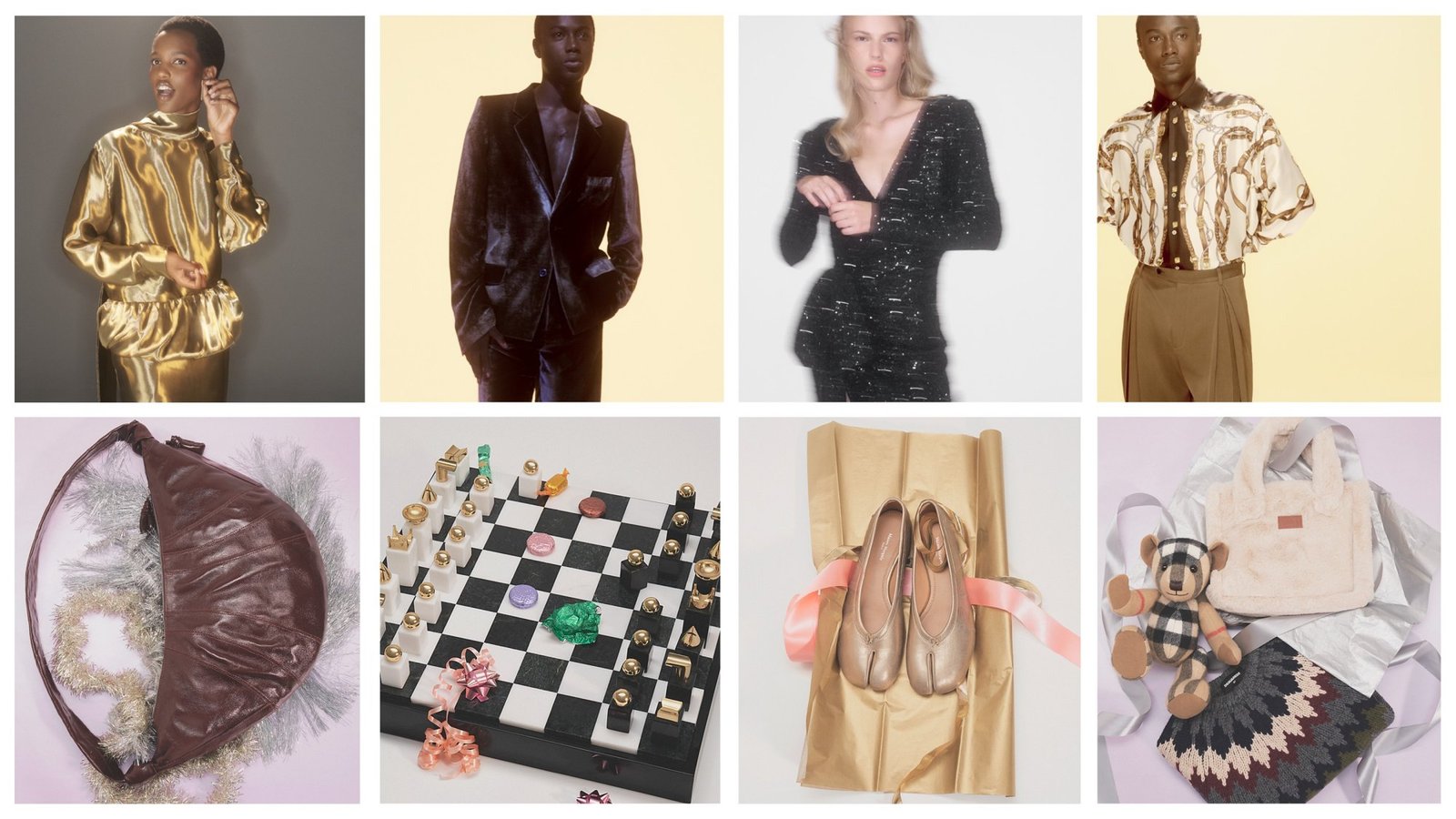 Mosaico da campanha de Natal 2026 da Farfetch com looks metalizados e de veludo, bolsa de couro, tabuleiro de xadrez, sapatilhas Tabi e urso xadrez