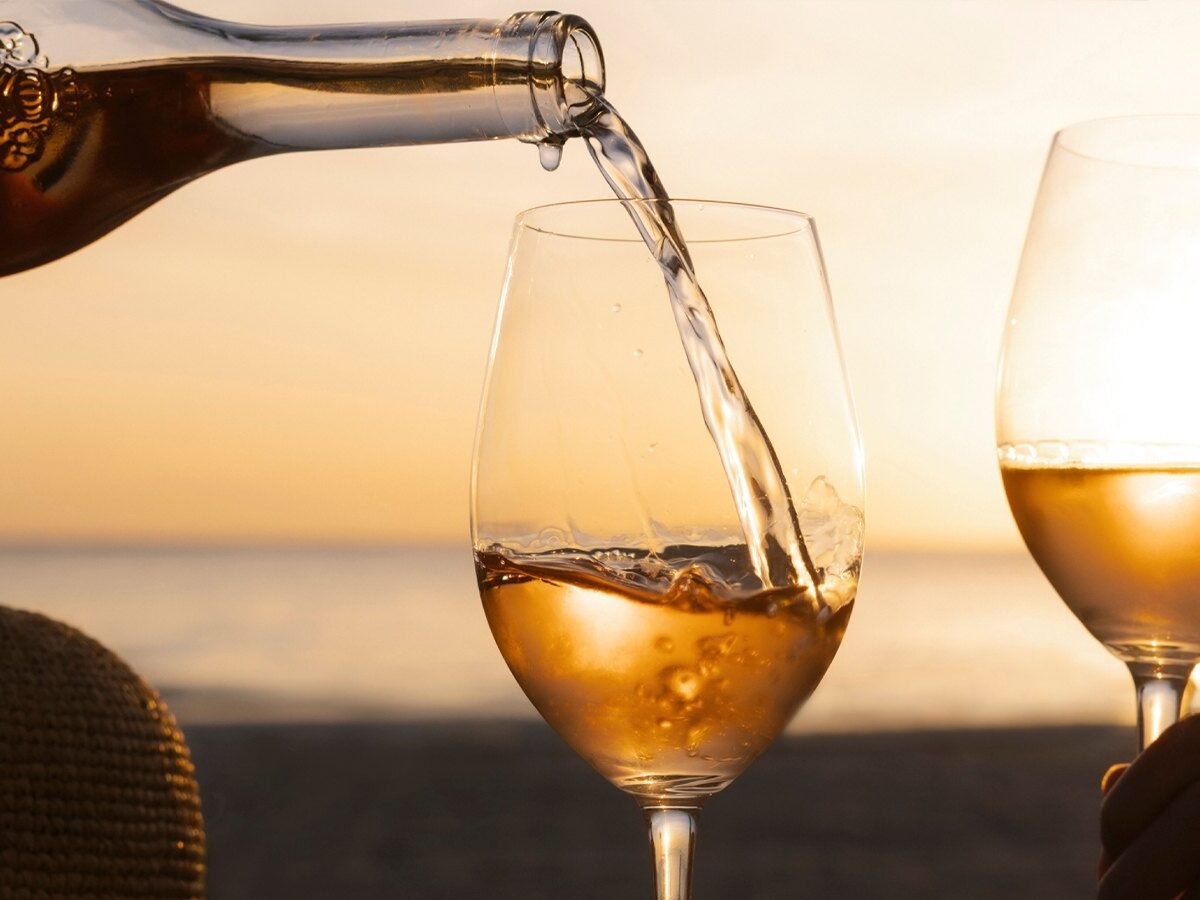 Vinho sendo servido em taça ao pôr do sol, diante do mar, no Florie’s, em Palm Beach