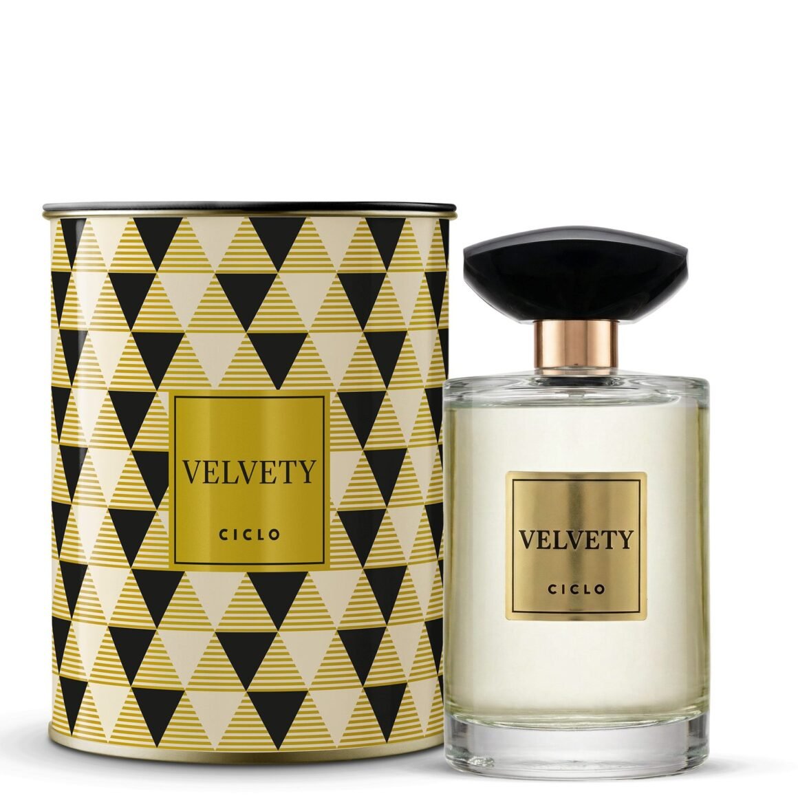 Deo Colônia Velvety, da Ciclo, com frasco de tampa preta ao lado da lata de estampa geométrica dourada