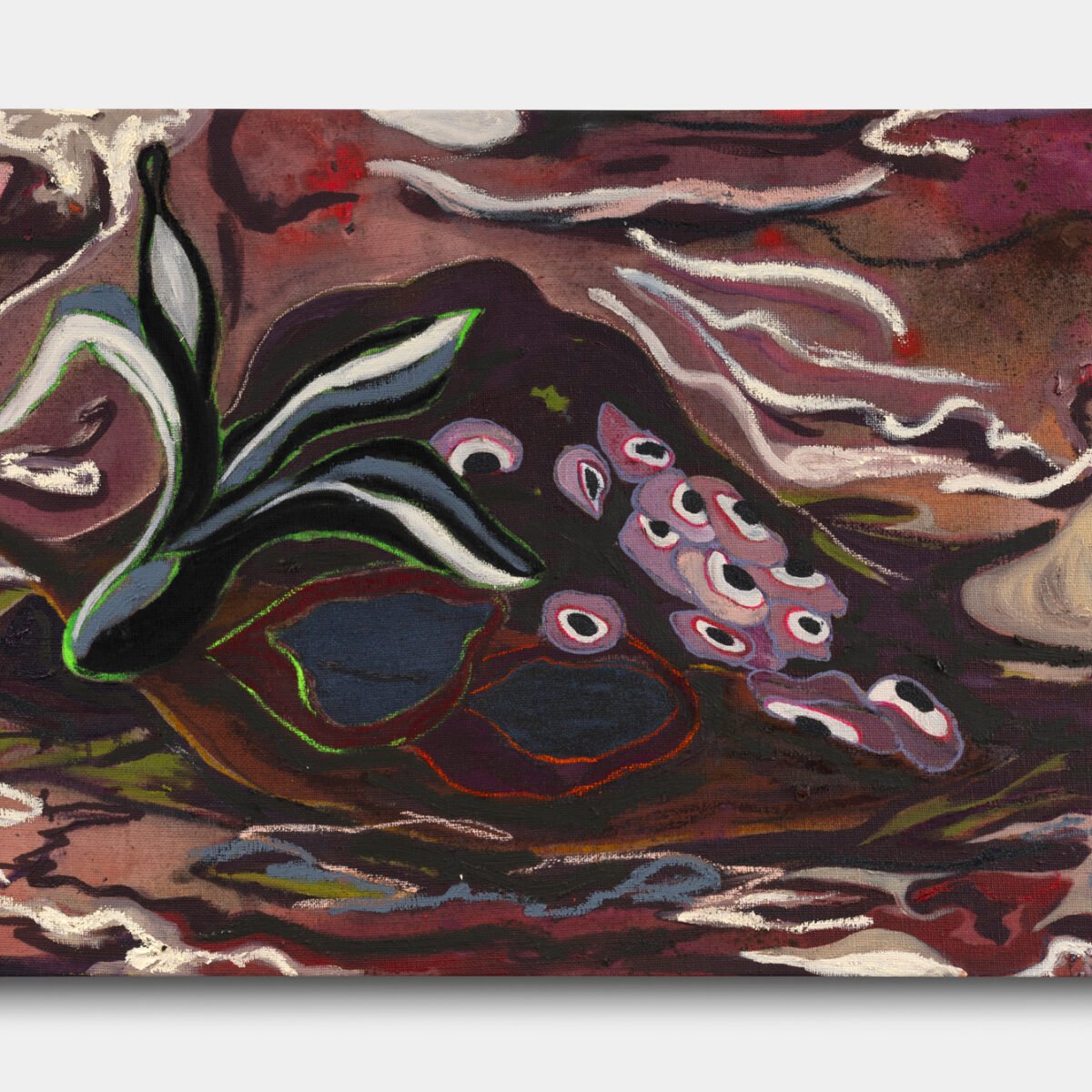 Pintura em tons de vinho, rosa e branco, com uma planta de folhas escuras contornadas de verde e um aglomerado de formas arredondadas semelhantes a olhos