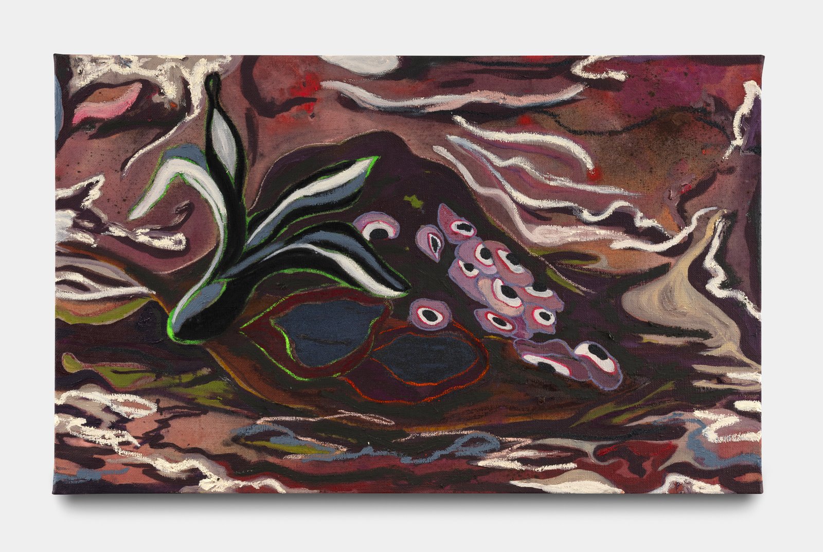 Pintura em tons de vinho, rosa e branco, com uma planta de folhas escuras contornadas de verde e um aglomerado de formas arredondadas semelhantes a olhos