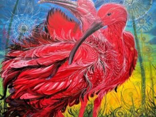 Pintura Guará Vermelho, de Gatuno, com dois guarás vermelhos sob a lua