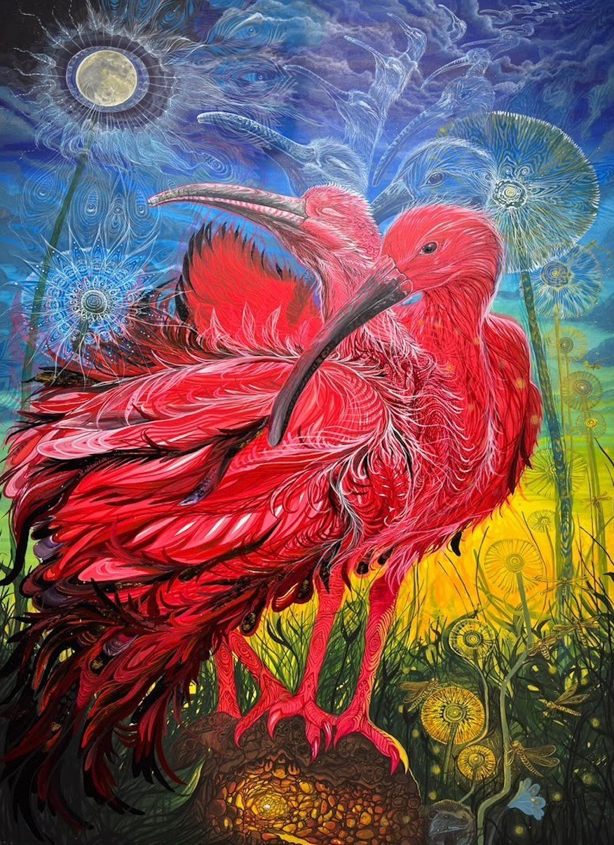 Pintura Guará Vermelho, de Gatuno, com dois guarás vermelhos sob a lua