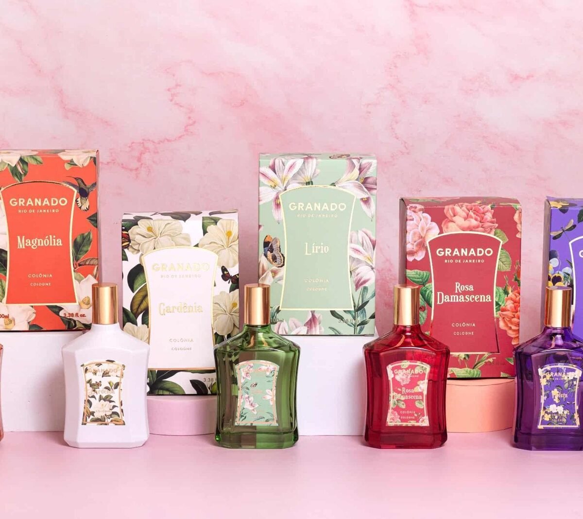 Granado Rio de Janeiro colognes Magnólia, Gardênia, Lírio, Rosa Damascena and Violeta with their floral boxes