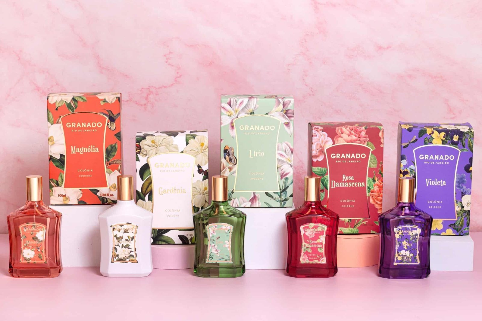Granado Rio de Janeiro colognes Magnólia, Gardênia, Lírio, Rosa Damascena and Violeta with their floral boxes