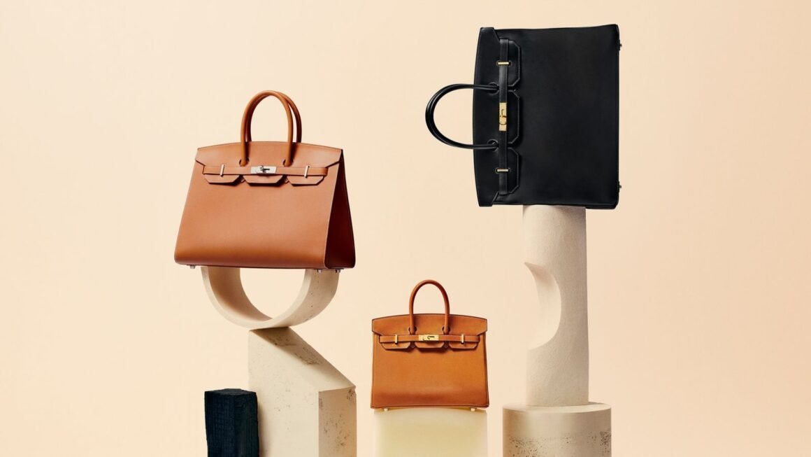 Três bolsas Birkin da Hermès, em couro caramelo e preto, sobre pedestais de pedra