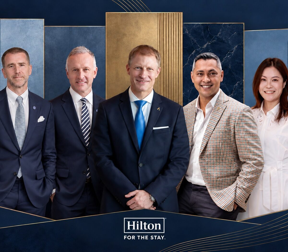Retrato dos cinco gerentes gerais nomeados pela Hilton na Ásia-Pacífico, quatro homens de terno e uma mulher de branco