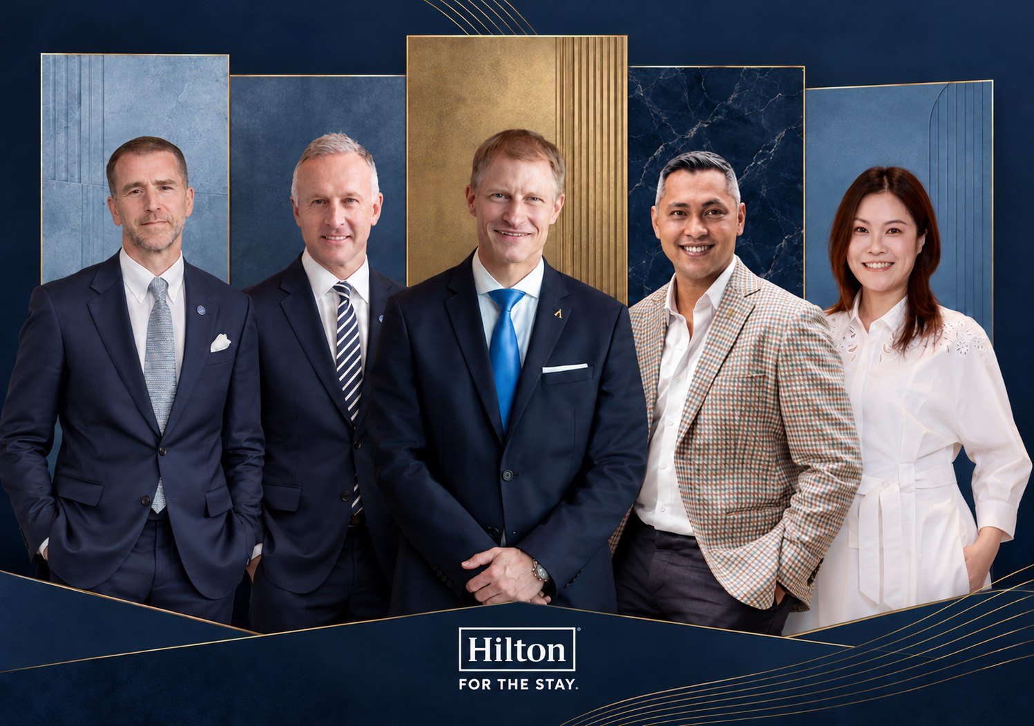 Retrato dos cinco gerentes gerais nomeados pela Hilton na Ásia-Pacífico, quatro homens de terno e uma mulher de branco